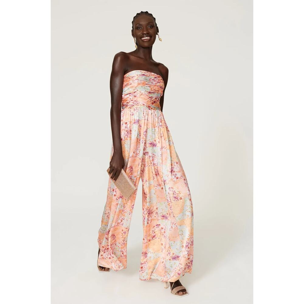 AMUR Silk Patchwork Kallia Peach Jumpsuit Casual Wedding Ruched Size 8 Rt. $158